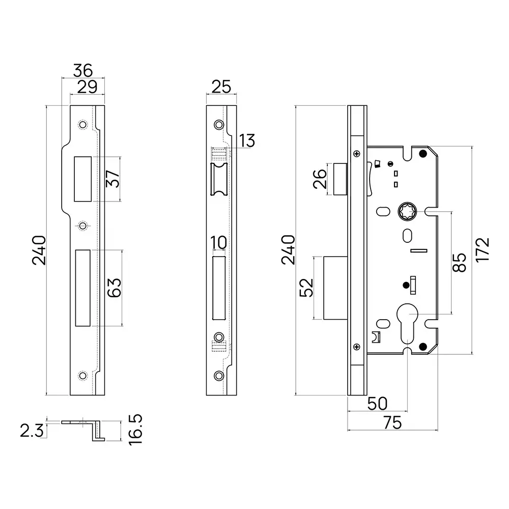 Quba Mortise Double Door Lock Left 50 mm Backset SS Finish, Q 107