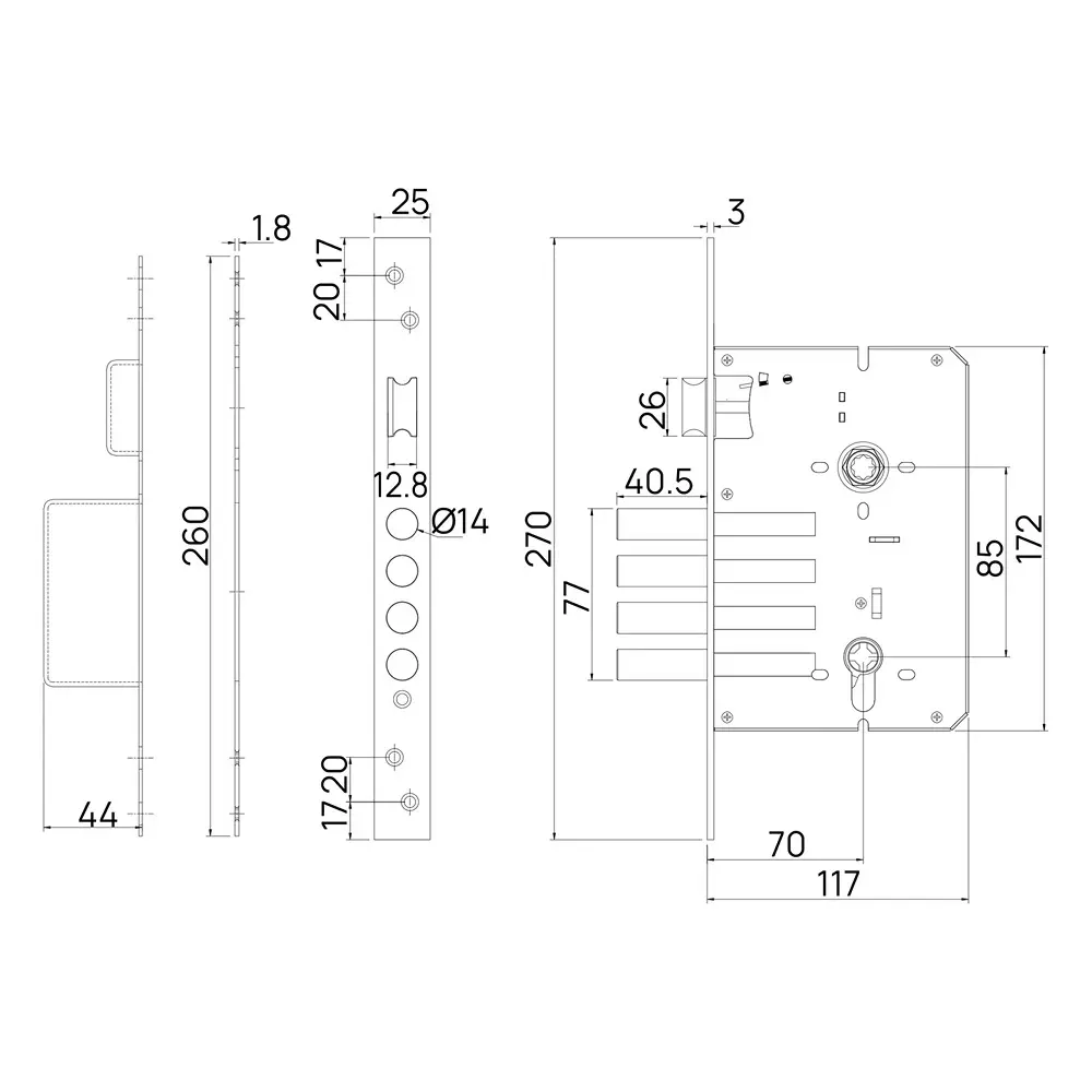 Quba 4 Stroke Mortise Lock 270 mm Size & 70 mm Backset SS Finish, Q 307