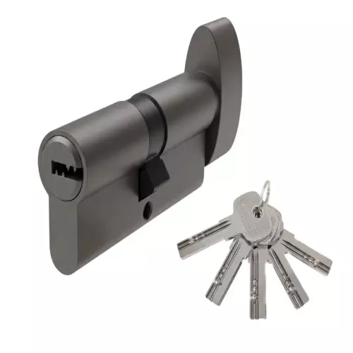 Hafele Brass Cylinder Lock One Side Key & Other Side Thumb Turn (T+K) With 5 Dimple Keys Euro Profile 62 mm Size Matte Black Finish, 916.88.433