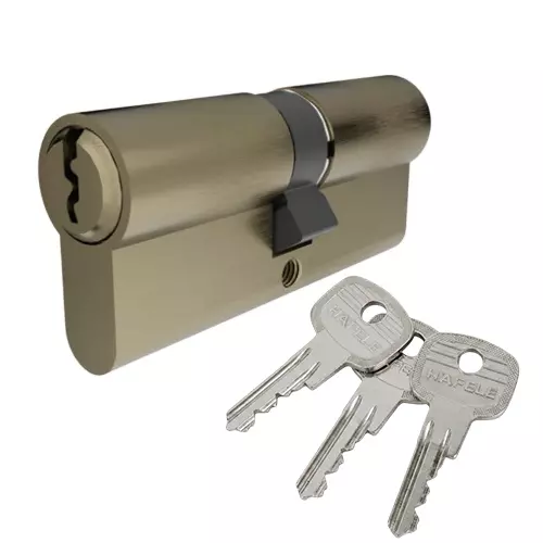 Hafele Brass Double Cylinder Lock Both Side Key (K+K) Euro Profile 90 mm Size with 3 Keys Antique Brass Matte Finish, 916.88.856