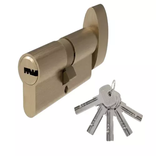 Hafele Brass Cylinder Lock One Side Key & Other Side Thumb Turn (T+K) With 5 Dimple Keys Euro Profile 100 mm Size Antique Brass Matte Finish, 916.88.454