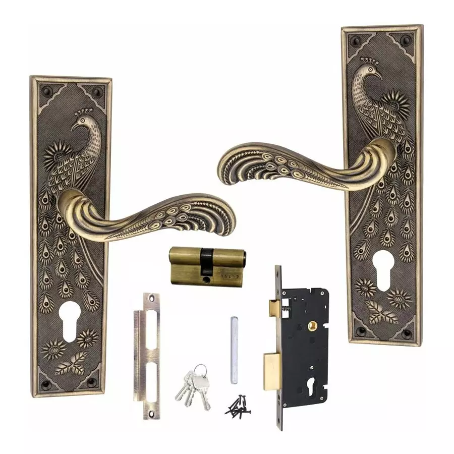 Atom 25.4 cm (10 inch) Zinc Matte Finish Multicolor Door Lock Set, MH-MAYUR-CY-BA-BSK