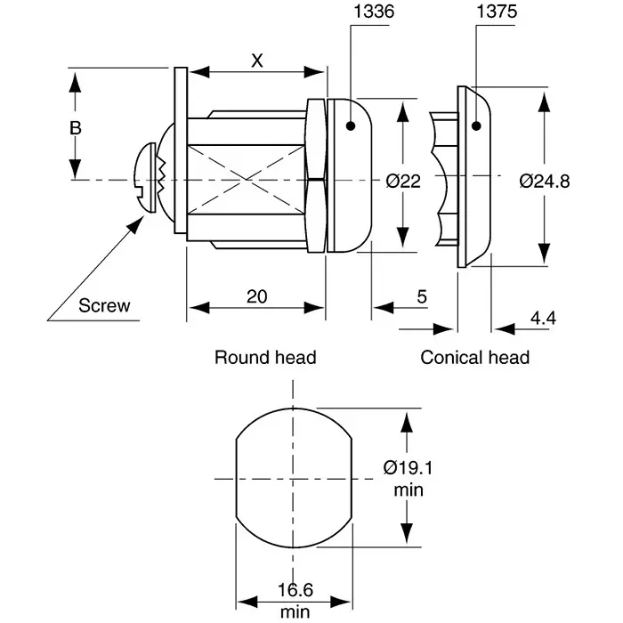 Euro-Locks a Lowe Fletcher group Company Camlock 20 mm Panel-to-Tongue 19.1x16.6 mm Cutout Key Unlock, 2724032