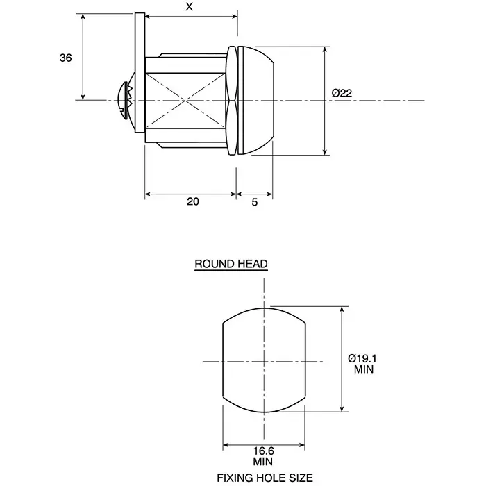 Euro-Locks a Lowe Fletcher group Company Camlock 20 mm Panel-to-Tongue 19.1x16.6 mm Cutout Key Unlock, 1336032