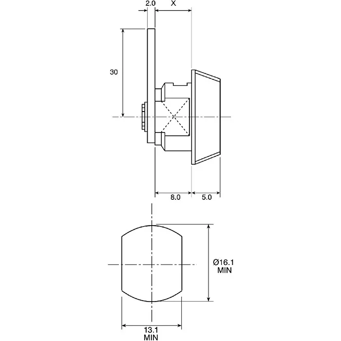 Euro-Locks a Lowe Fletcher group Company Camlock 8 mm Panel-to-Tongue 16.1x13.1 mm Cutout Key Unlock, 201012