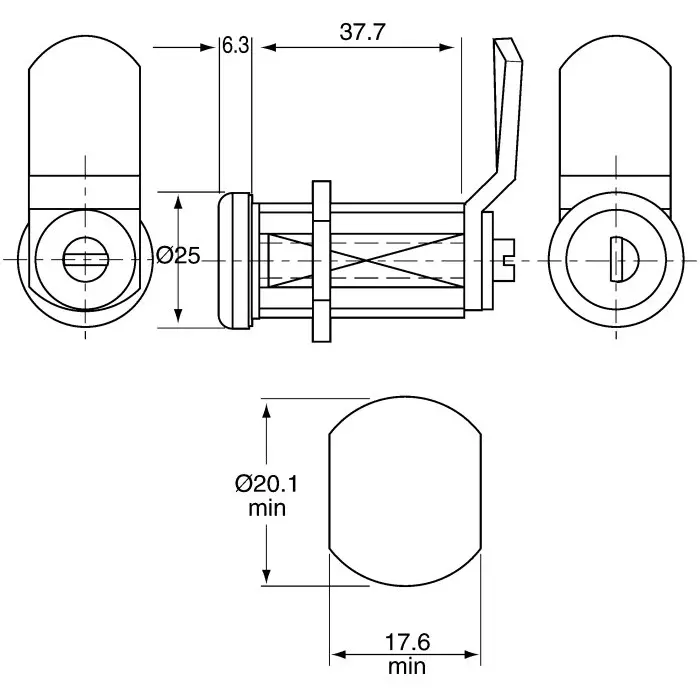 Euro-Locks a Lowe Fletcher group Company Camlock 37.7 mm Panel-to-Tongue 20.1x17.6 mm Cutout Key Unlock, B448032