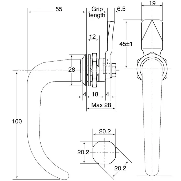 Steinbach & Vollman Stainless Steel Camlock 32 mm Panel-to-Tongue 20.2x20.2 mm Cutout Handle Unlock