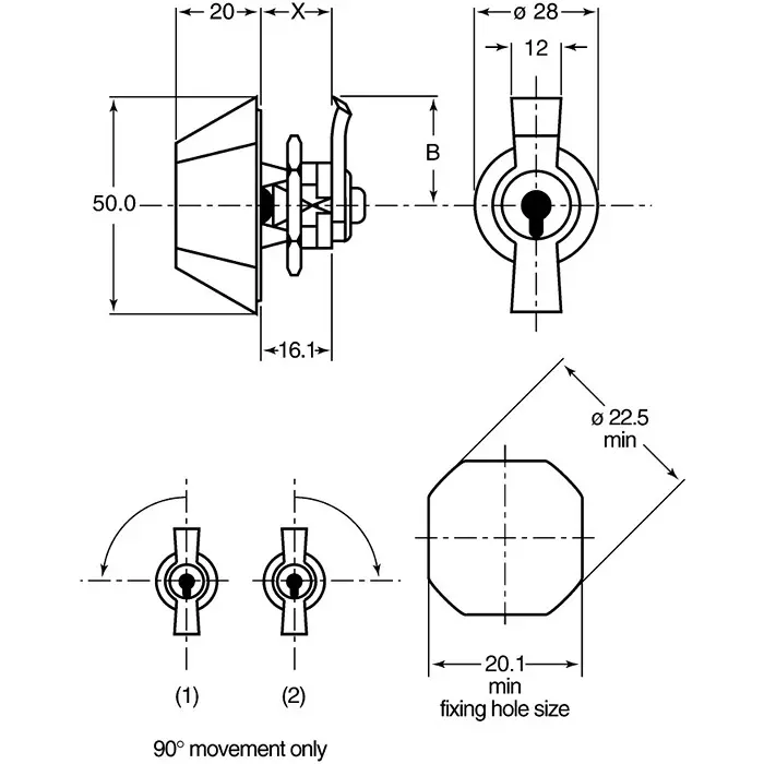 Euro-Locks a Lowe Fletcher group Company Camlock 16.1 mm Panel-to-Tongue 20.1x22.5 mm Cutout Key Unlock, 25012