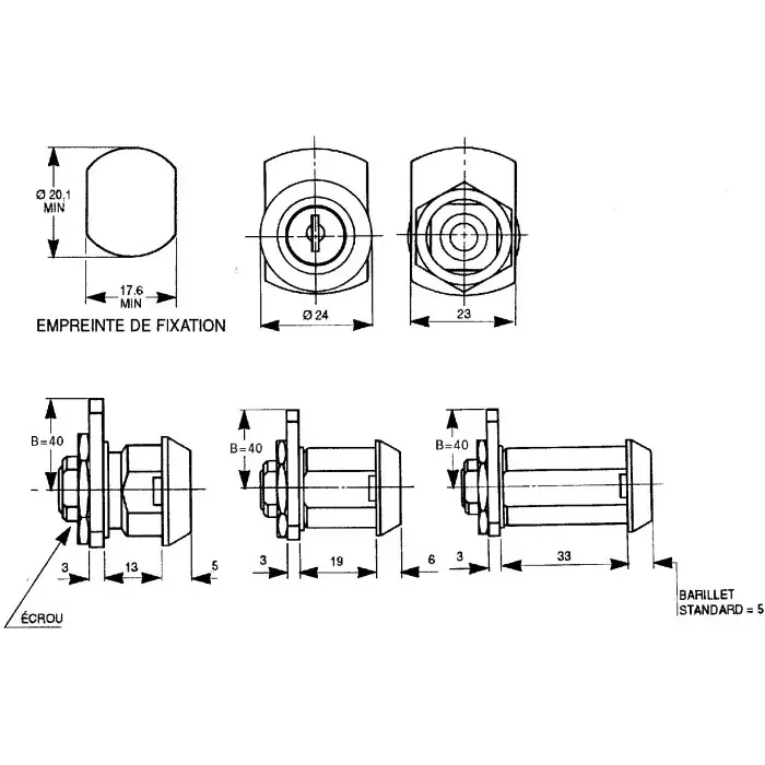 Euro-Locks Camlock 19 mm Panel-to-Tongue 20.1x17.6 mm Cutout Key Unlock, F6E-03-2