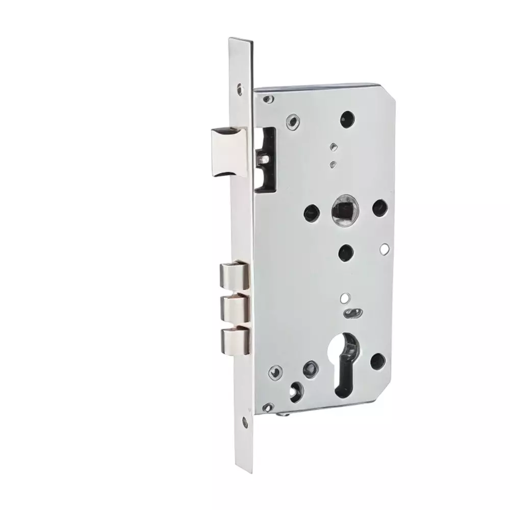 GEZE Tri-Bolt Lock With Fixing Screws, Size 50/85 mm, Stainless Steel Front and Strike Plate with Brass Latch and SS Finish, 8115205