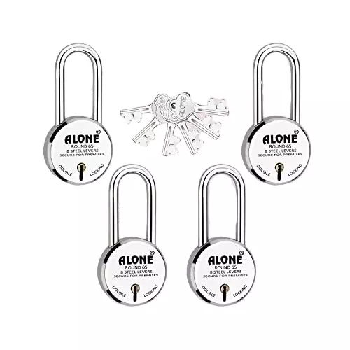 ALONE LOCKS Round 65 mm Alloy Steel Chrome 6 Same Keys Double Locking Padlock (Pack of 4)