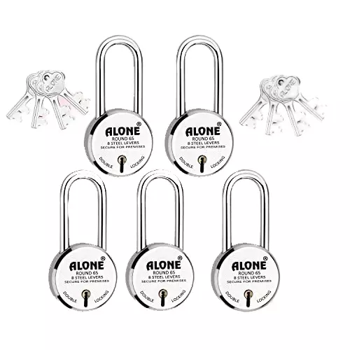 ALONE LOCKS Round 65 mm Alloy Steel Chrome 8 Same Keys Double Locking Padlock (Pack of 5)