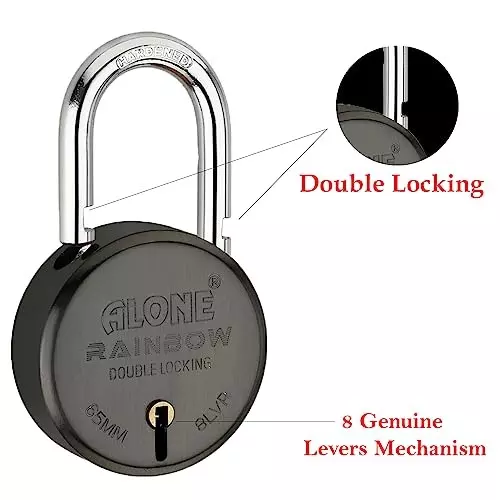 ALONE LOCKS Rainbow 65 mm Alloy Steel ‎Black Matt Antique 3 Keys Double Locking Padlock