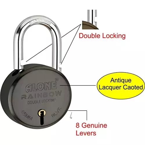 ALONE LOCKS Rainbow 65 mm Steel ‎Antique 6 Keys Double Locking Padlock (Pack of 2)