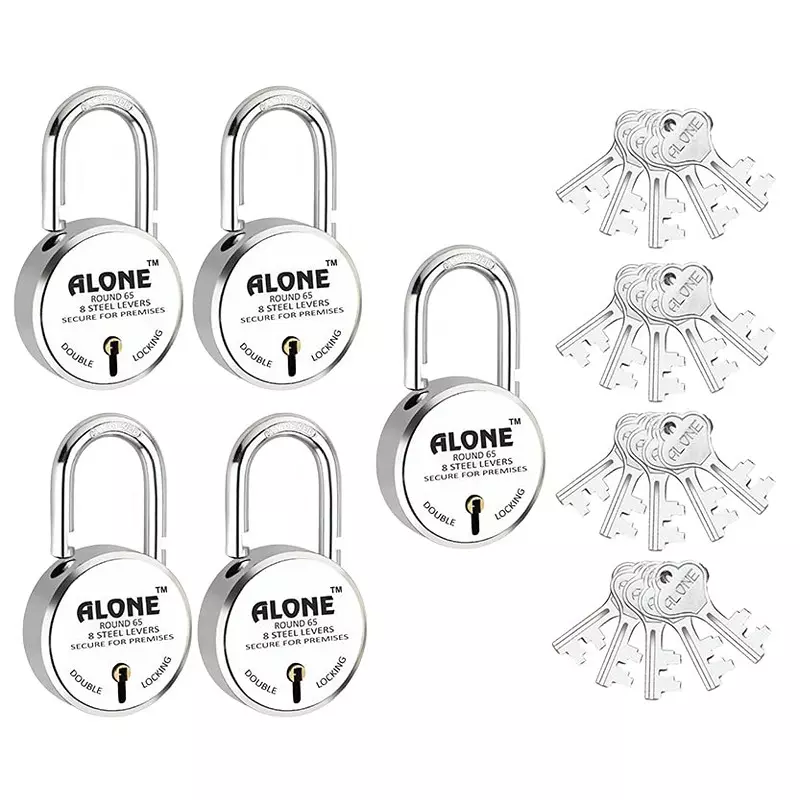 ALONE LOCKS 65 mm Steel Chrome 20 Same Keys Door Double Locking Padlock (Pack of 5)