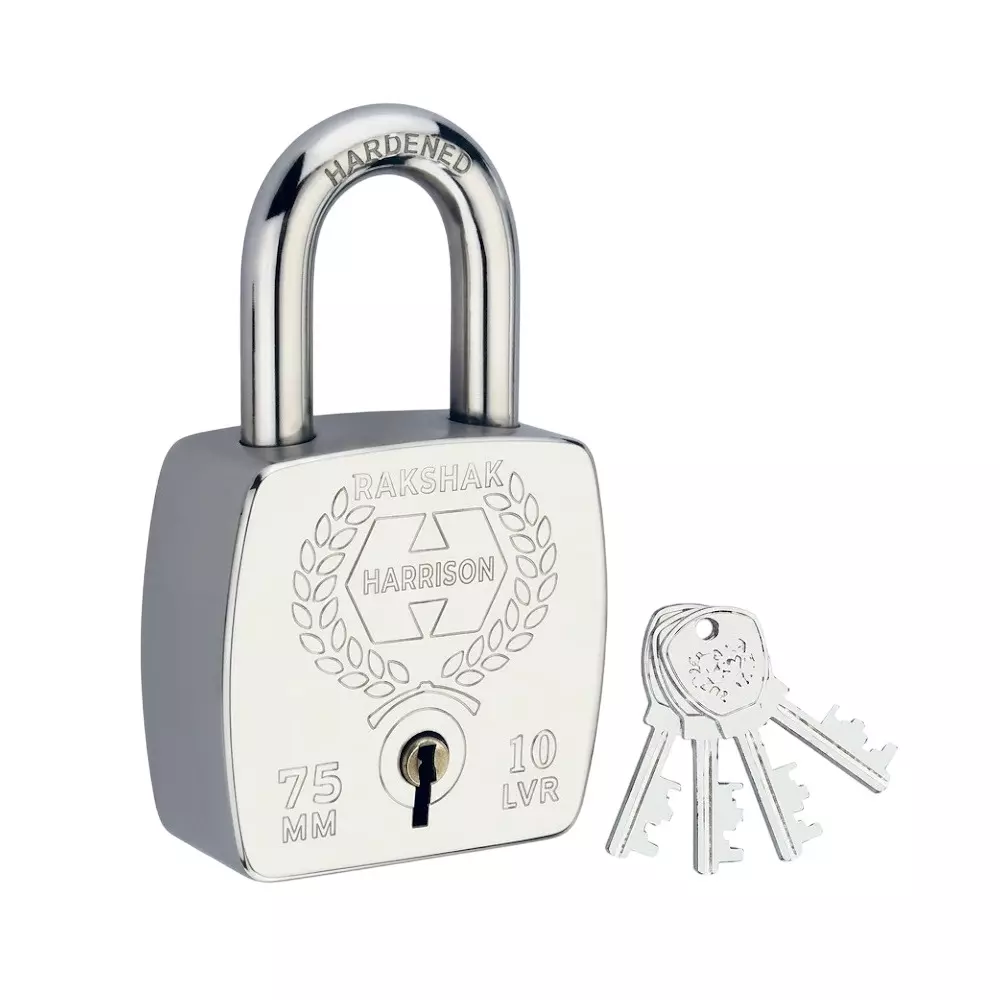 Harrison Padlocks with 4 Keys Silver 10 Lever Mild Steel 75 mm Size for Door Shutter, Gates, Iron Grills Use, 5564
