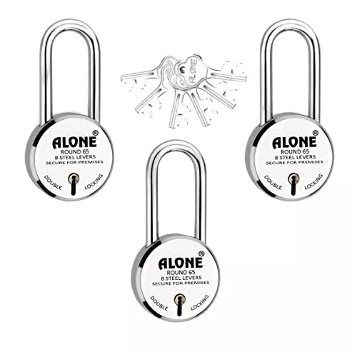 ALONE LOCKS Round 65 mm Alloy Steel Chrome 6 Same Keys Double Locking Padlock (Pack of 3)