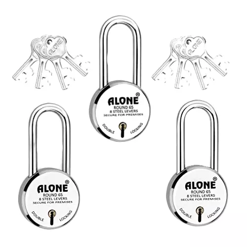 ALONE LOCKS Round 65 mm Alloy Steel Chrome 8 Same Keys Double Locking Padlock (Pack of 3)