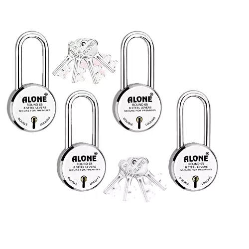 ALONE LOCKS Round 65 mm Alloy Steel Chrome 8 Same Keys Double Locking Padlock (Pack of 4)
