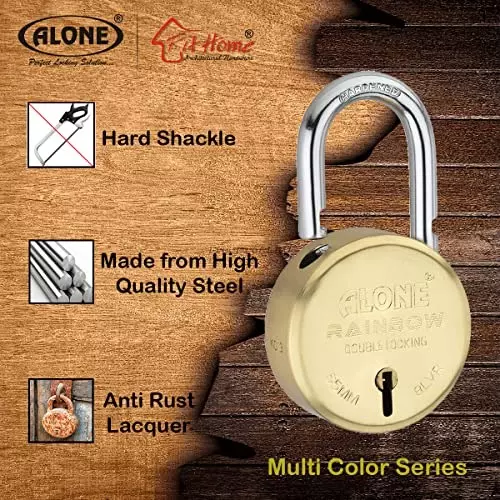 ALONE LOCKS Rainbow 65 mm Alloy Steel ‎Gold Antique 10 Keys Double Locking Padlock