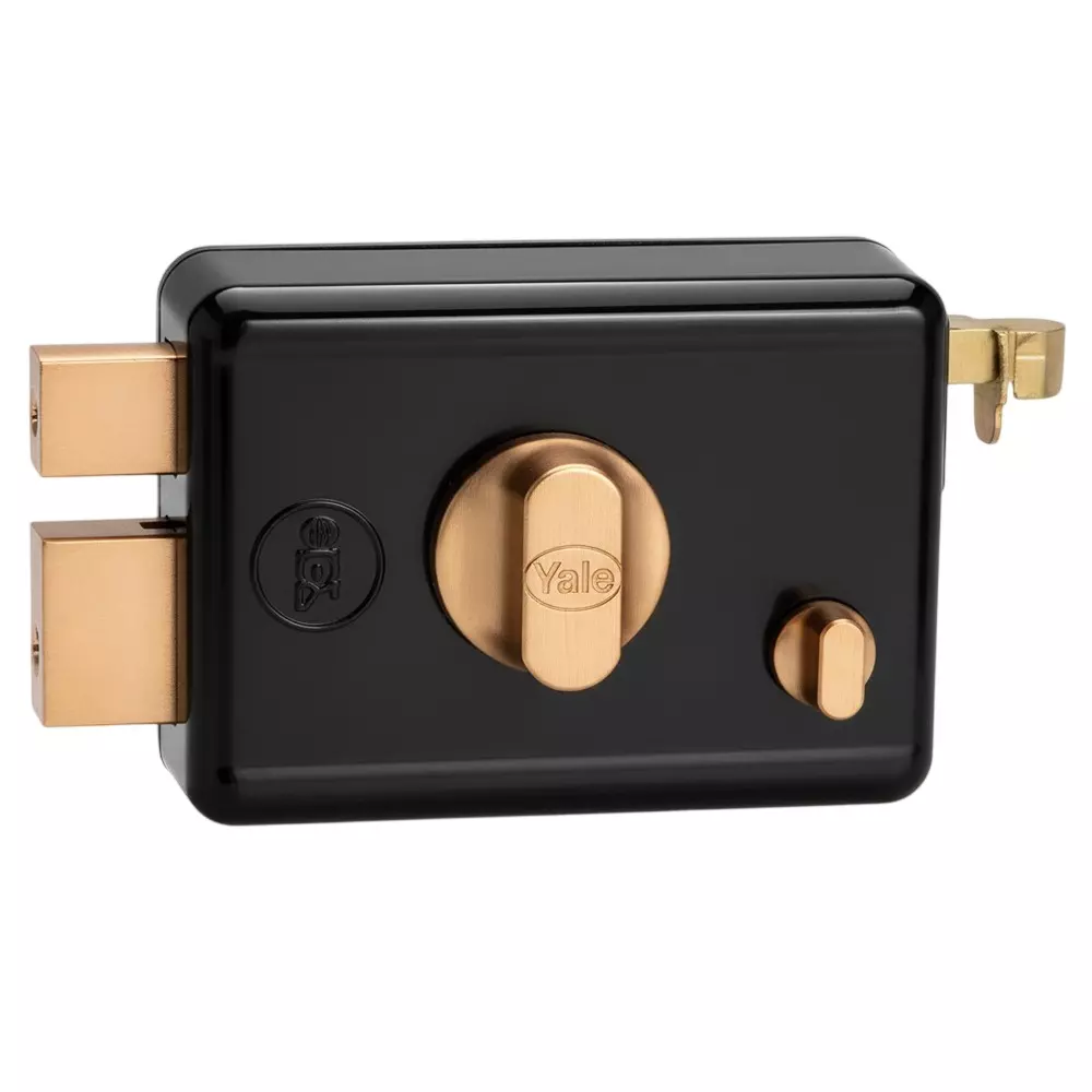 Yale R600 Rim Lock Thumbturn with Key Zinc Alloy Latch Black Body and Receptacle with Rose Gold Knob & Bolts, R600 TT DK (BLK+RG)