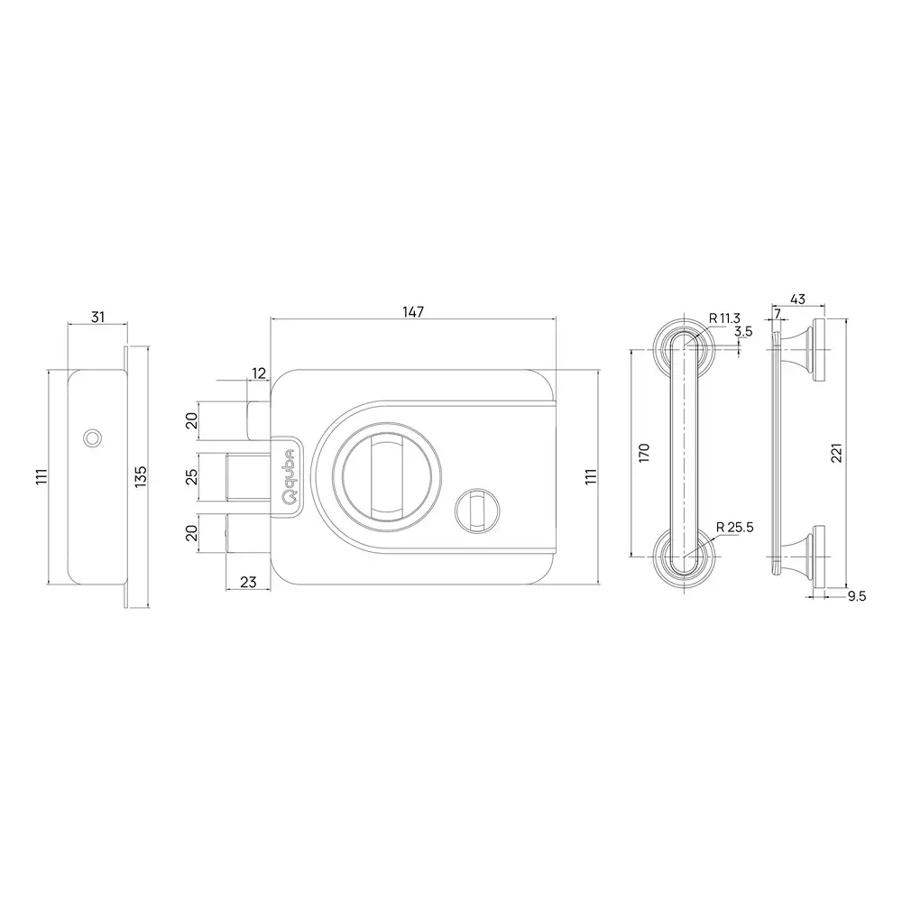 Quba Trident Lock With Pull Handle Combo- 1 Side Key / Knob With Dimple Key RG Finish, Q 242