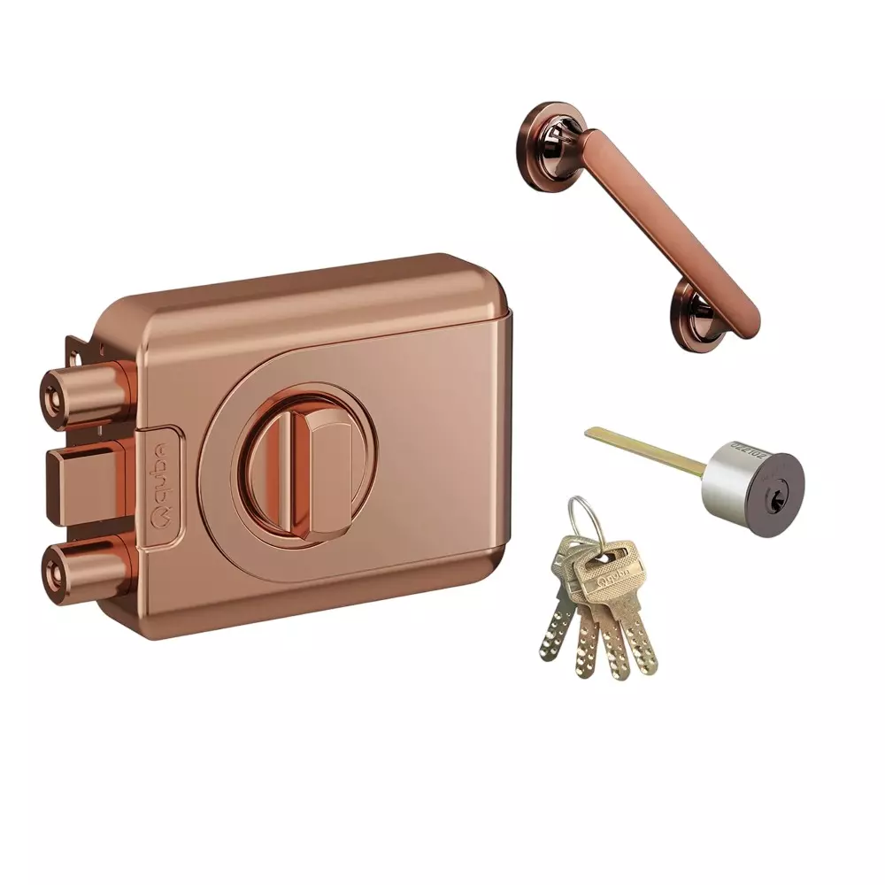 Quba Trident Dead Lock With Pull Handle Combo- 1 Side Key / Knob With Dimple Key RG Finish, Q 244
