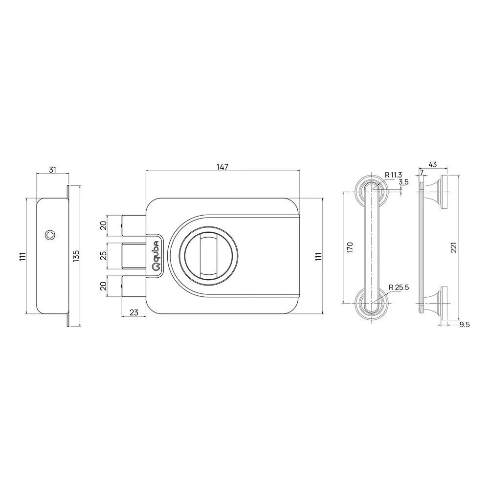 Quba Trident Dead Lock With Pull Handle Combo- 1 Side Key / Knob With Dimple Key RG Finish, Q 244