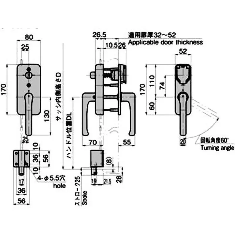 TAKIGEN Small Cremona Tablet with Aluminum Alloy 32-52 mm Applicable Door Thickness, A-363-2NA-L