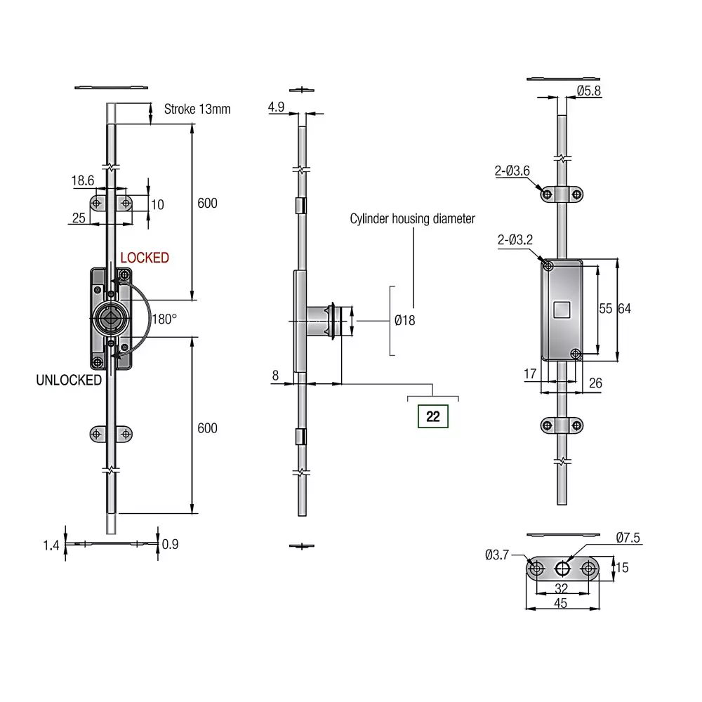 Ebco Premium Storage Lock 2 Point Inset Nickel Plated Finish and 19 mm Cutout, P-SL2-22-I
