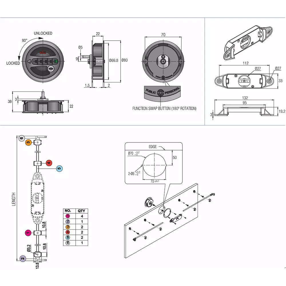 Ebco 4 Digit Combination Lock 2 Point Swing (With Rod) Black Finish for 16-20 mm Door Thickness, P-CLWL2S-20