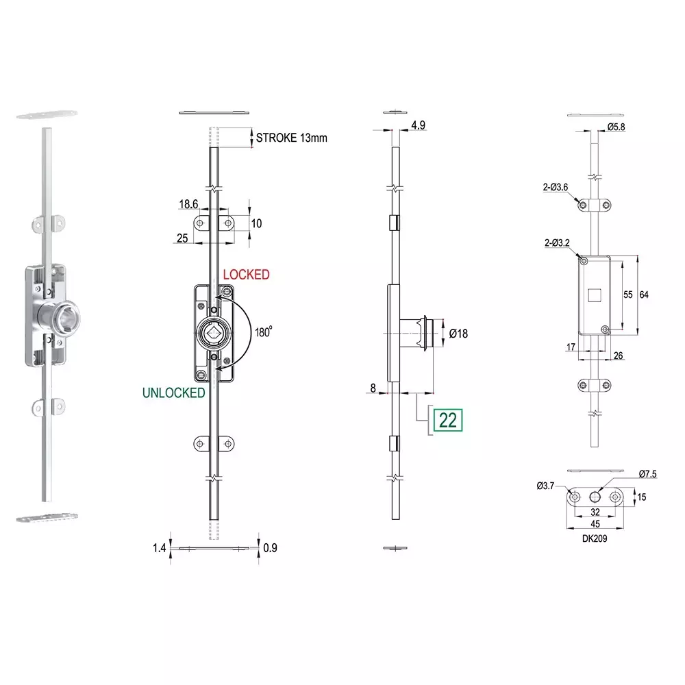 Ebco Premium Wardrobe Lock 3 Point Nickel Plated Finish and 19 mm Cutout, P-WL1-22-25