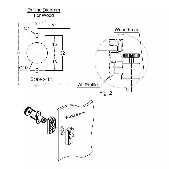 Ebco Premium Walk In Sliding Push Lock Glass/Wood Special Finish and 60 x 30 mm Size, P-WSPL-GW