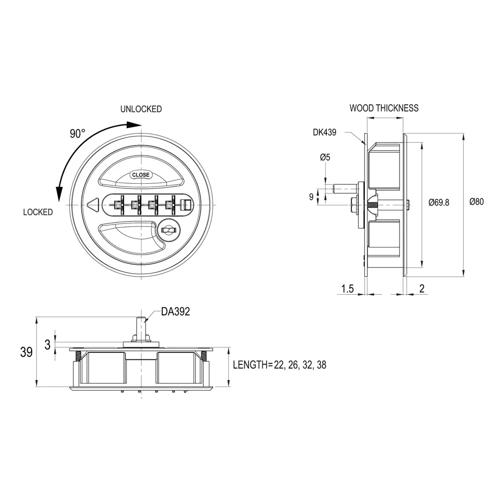 Ebco 4 Digit Combination Lock 2 Point Inset with Rod Black Finish for 16-20 mm Door Thickness Wardrobe, P-CLWL2-20
