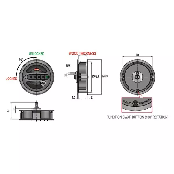 Ebco 4 Digit Combination Lock 2 Point Inset with Rod Black Finish for 16-20 mm Door Thickness Wardrobe, P-CLWL2-20