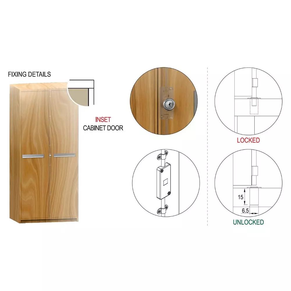 Ebco Premium Wardrobe Lock 3 Point Nickel Plated Finish and 19 mm Cutout, P-WL1-32-25