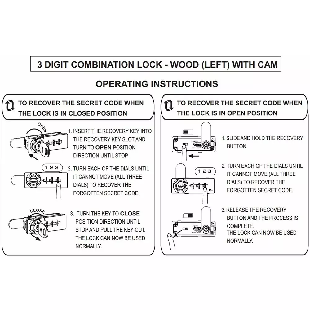 Ebco 3 Digit Combination Lock Wood Type Left Black Finish for 16-20 mm Door Thickness, P-CLW3-18L-BL