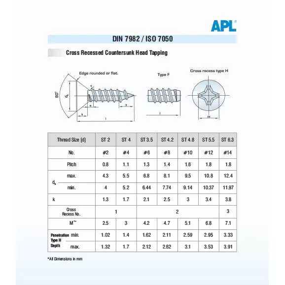 APL Self Tapping Screw CSK Philips Head 12 mm Dia 50 mm Length Stainless Steel A2 304 (Pack of 1000)