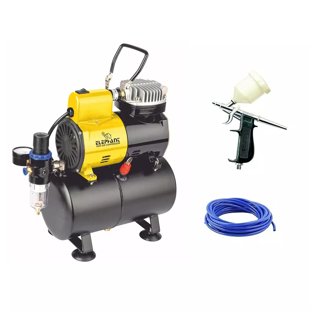 Elephant Piston Type Mini Air Compressor with Fan and 3 ltr. Air Tank Capacity AS-186 with Artmaster Airbrush AC-60 and PU Pipe 3 Meter 1/6 HP 57 PSI AS186-AC60