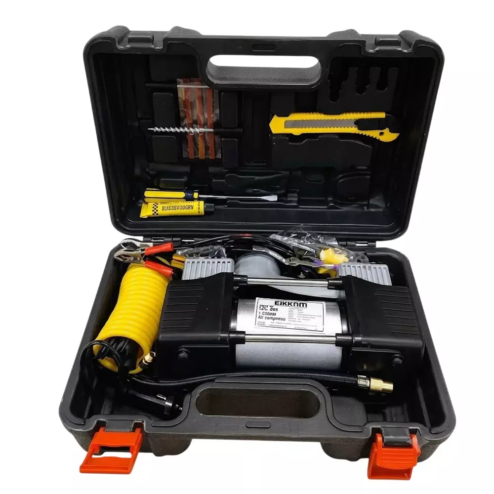 Akari 2 Cylinder Oil Free Mini Air Compressor 13.8 V DC, 150 PSI, 65 LPM Output and 75 cm Hose Length, AT-CC-300