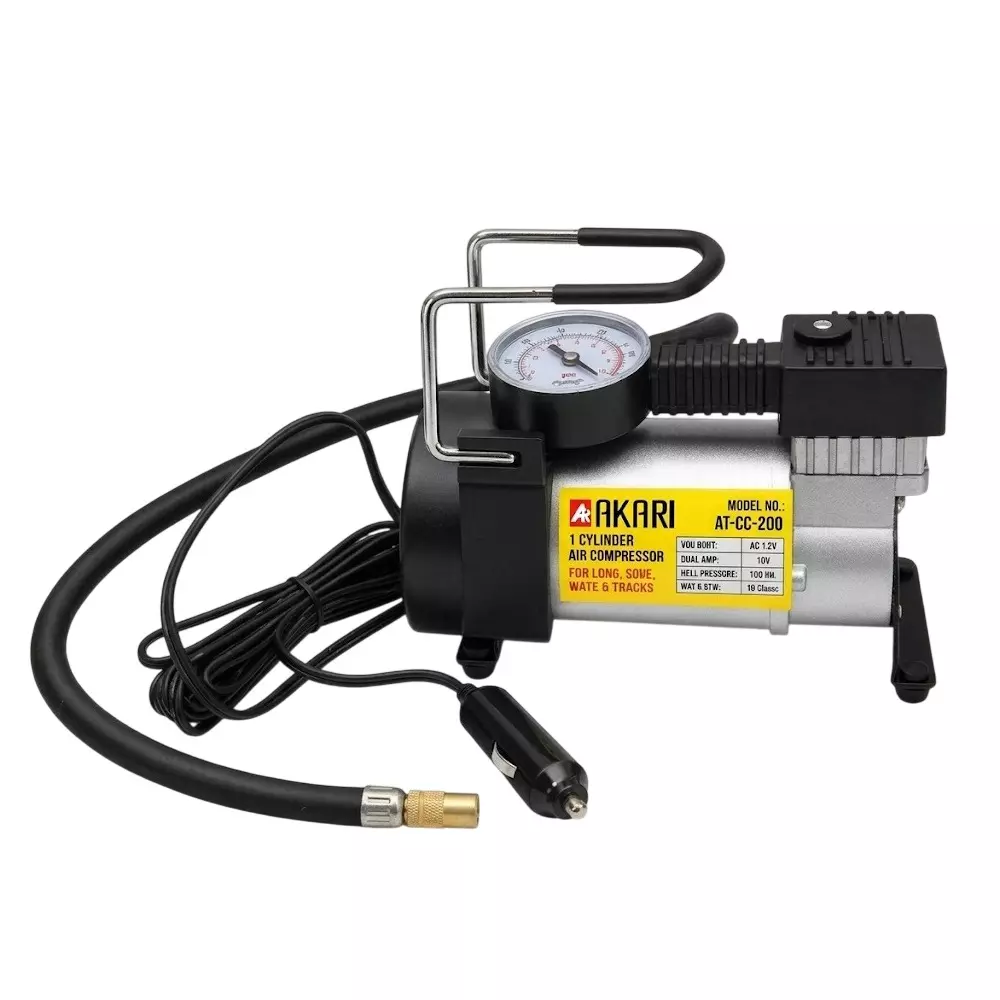 Akari 1 Cylinder Oil Free Mini Air Compressor 12 V DC, 150 PSI, 35 LPM Output and 1 m Hose Length, AT-CC-200
