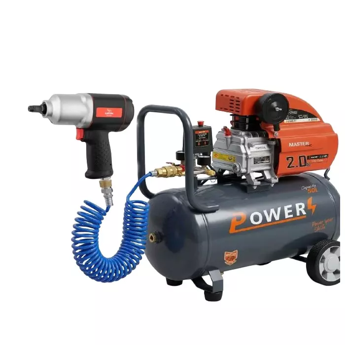 Power Air Compressor with Impact Wrench & PU Pipe Kit 2 HP Power 50 L Tank Capacity 138 L/min Air Flow 220 V, PC-50-IW-02CM