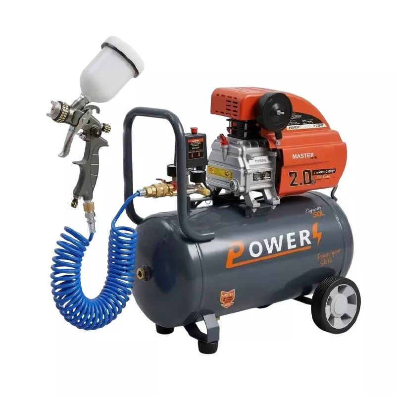 Power Professional Air Compressor with with Spray Paint Gun & PU Pipe Kit 2 HP Power 50 L Tank Capacity 138 L/min Air Flow 220 V, PC-50-PF-01