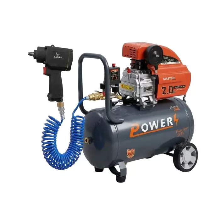 Power Air Compressor with Impact Wrench & PU Pipe Kit 2 HP Power 50 L Tank Capacity 138 L/min Air Flow 220 V, PC-50-IW-01