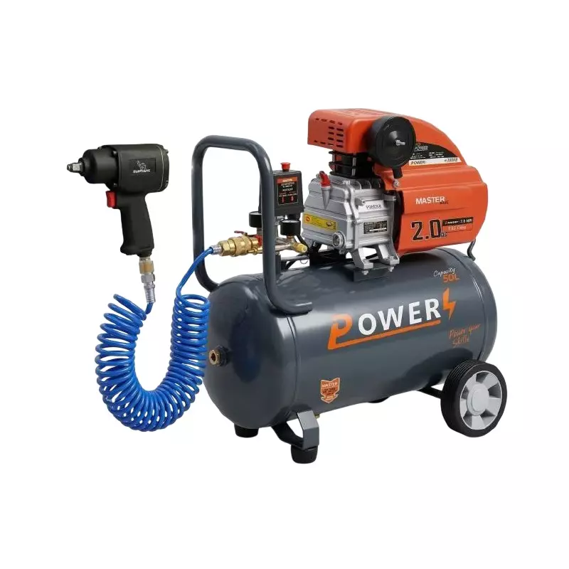 Power Air Compressor with Impact Wrench & PU Pipe Kit 2 HP Power 50 L Tank Capacity 138 L/min Air Flow 220 V, PC-50-IW-02