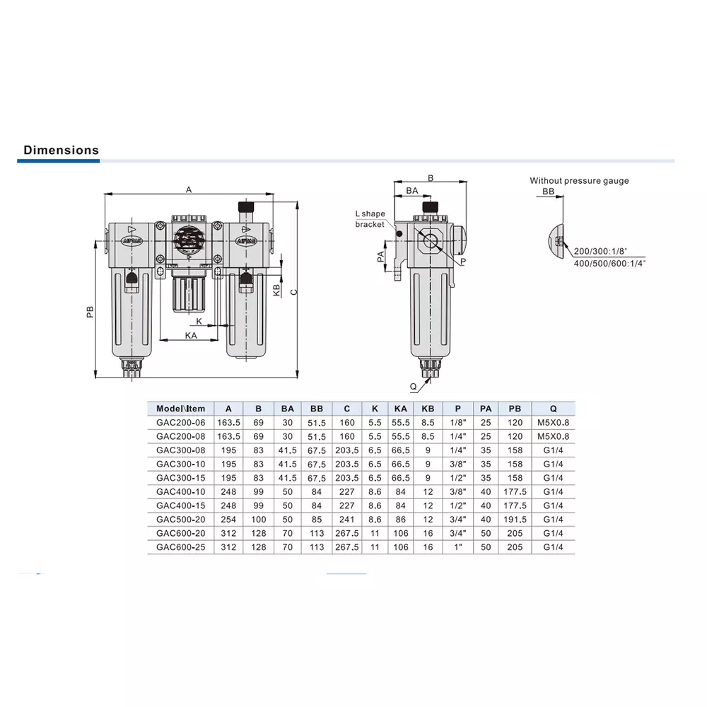 Airtac GAC Series F.R.L. Combination (Filter + Regulator + Lubricator) 3/8 inch (9.525 mm), GAC300-10-S-G