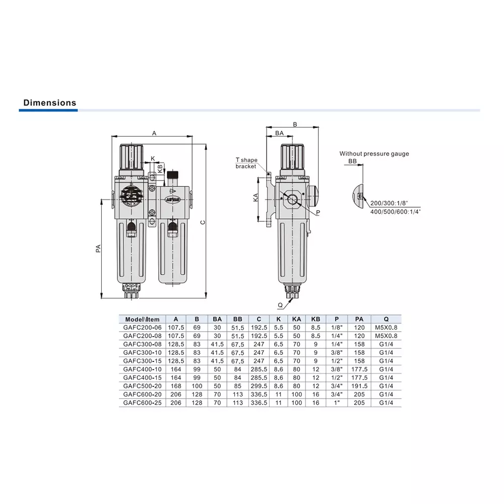 Airtac GAFC Series FR.L. Combination (Filter /Regulator + Lubricator) 3/8 inch (9.525 mm), GAFC300-10-S-G