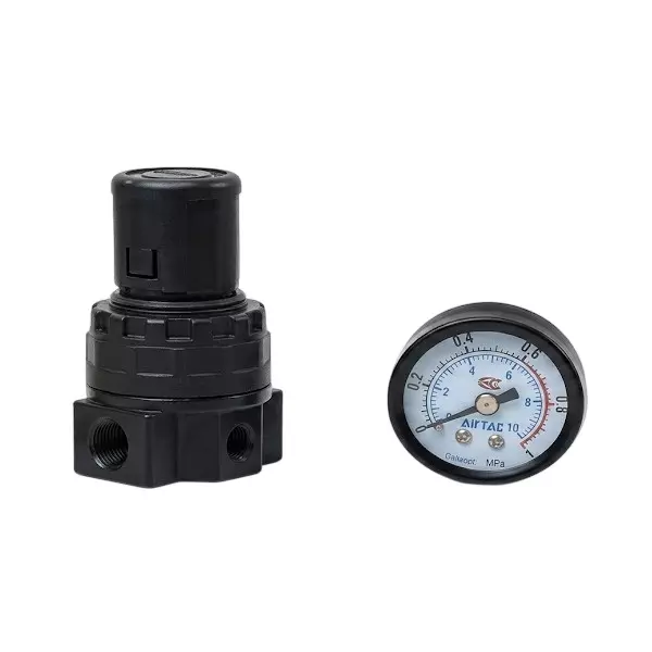 Airtac Pressure Regulator 1.5 MPa (215 psi) Proof Pressure and -20 to 70°C Ambient and Fluid Temperature, SR200 (w/o mounting kit & with pressure gauge)