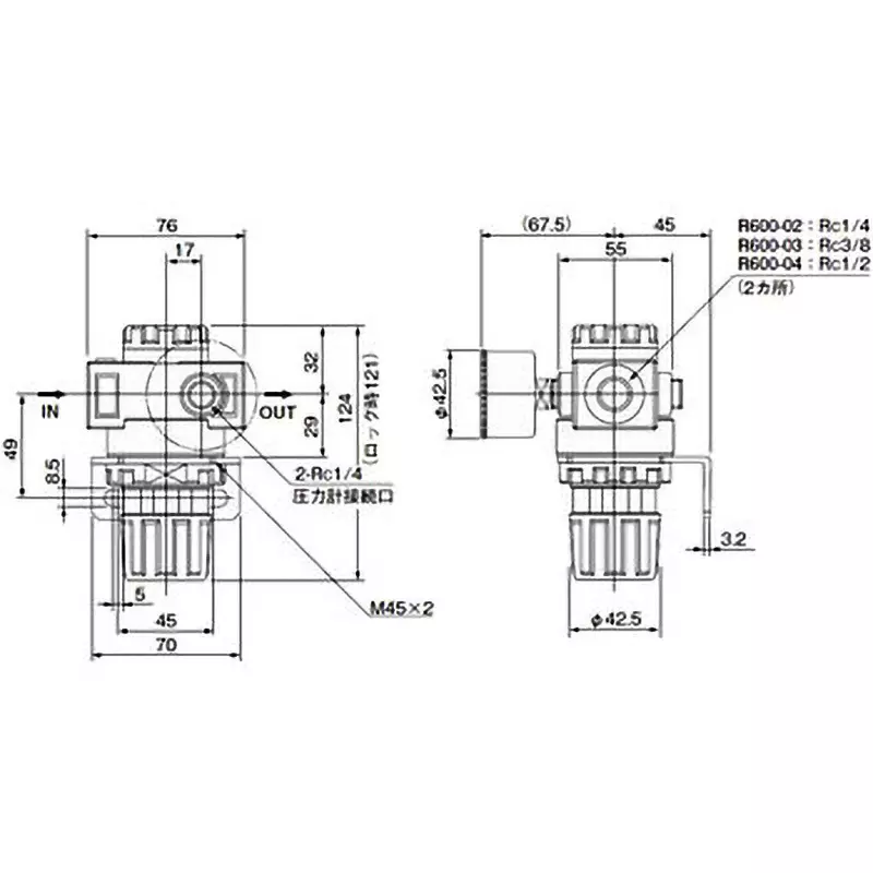 KOGANEI 1.47 MPa 12.7 mm (1/2 Inch) Pipe Connection RC Thread Pressure Regulator, R600-04