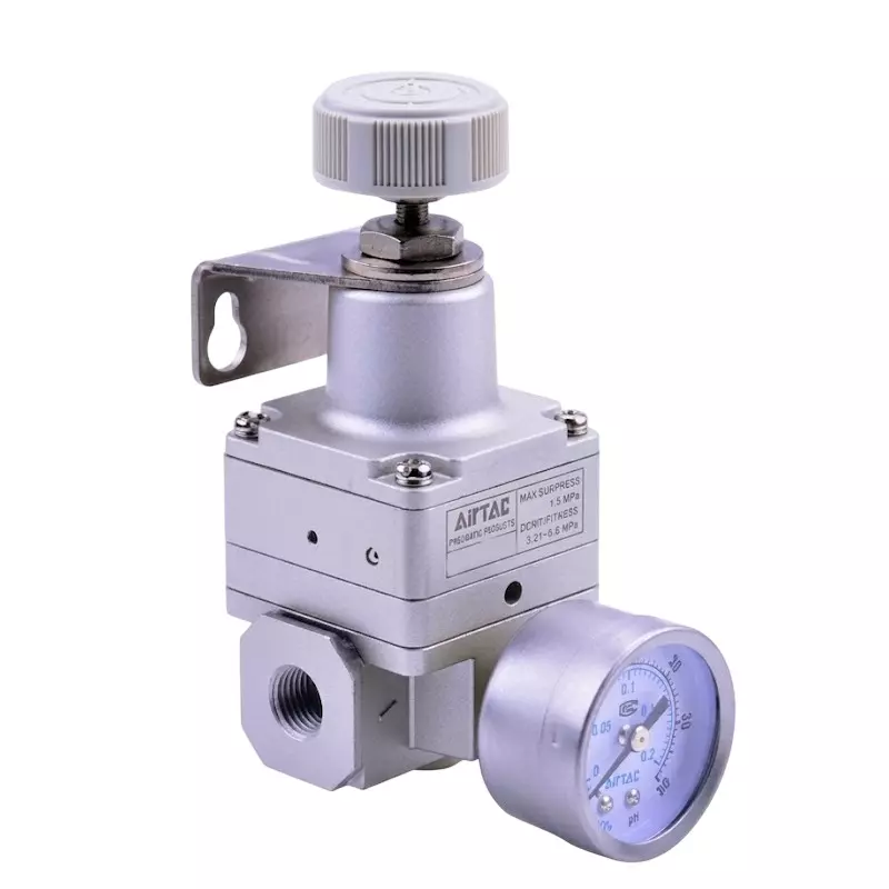 Airtac GPR Precision Regulator with Mounting Kit and Pressure Gauge 1/4 inch (6.34 mm) Port Size and 1.0 MPa Maximum Supply Pressure, GPR400